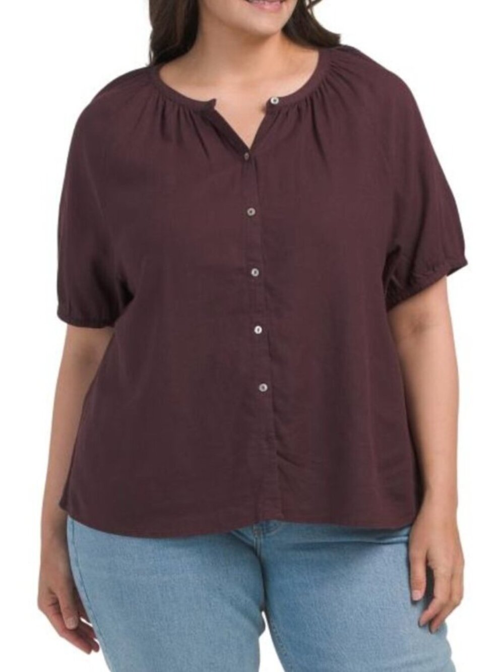 JONES & CO JONES NEW YORK Plus Linen Blend Split Neck Button Down Blouse